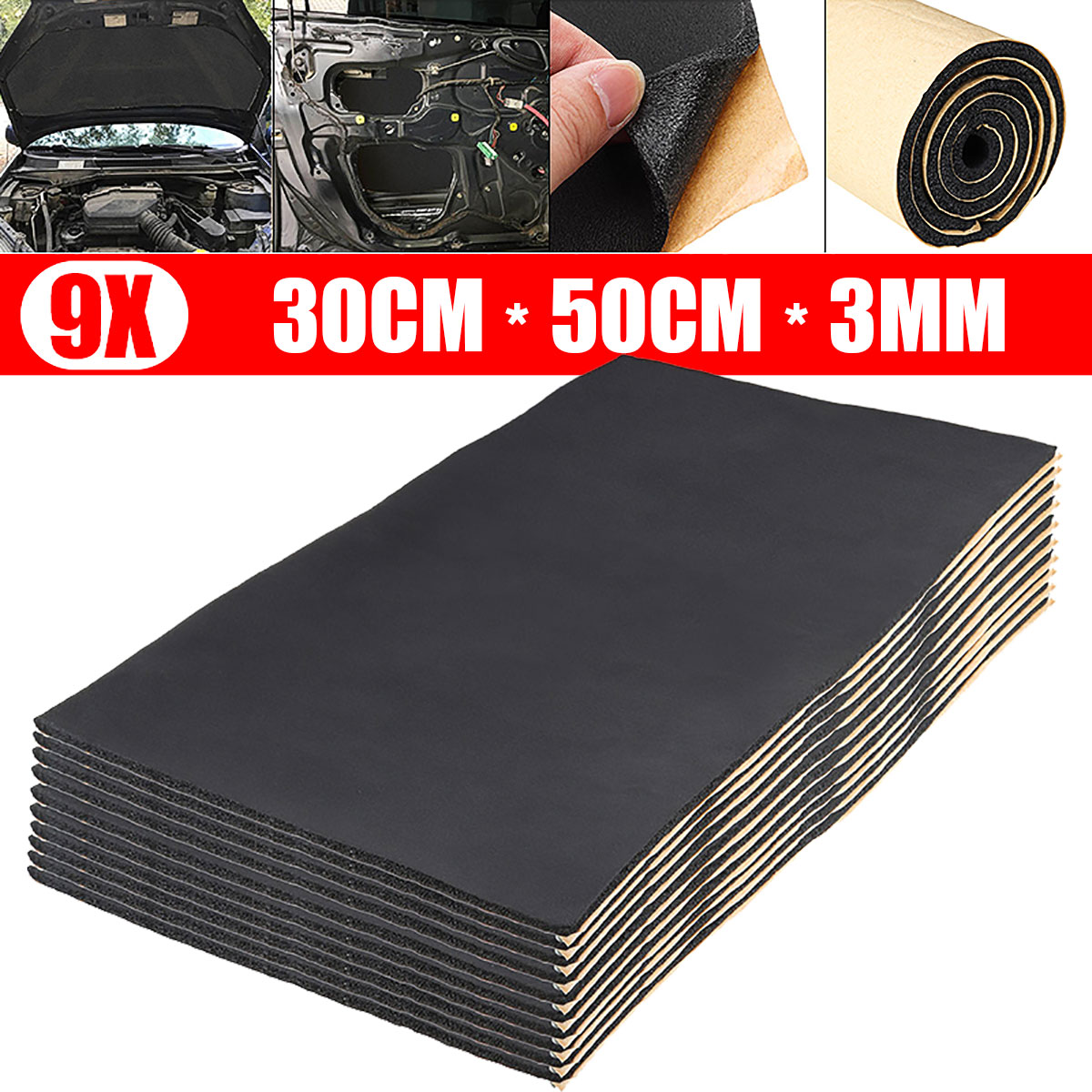 9pcs 3mm Car Sound Noise Proofing Deadening Heat Shield Insulation Foam 30x50cm