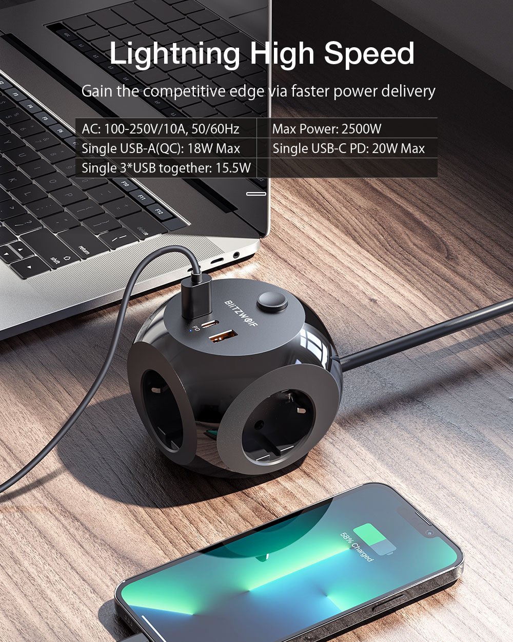 BlitzWolf® BW-PC1 2500W Power Strip Socket USB Charger With 3 * AC Outlets /20W USB-C PD/ 18W 2 * USB-A QC3.0 Fast Charging For iPhone 13 13 Pro Max 13 Mini For OnePlus 9Pro For Xiaomi MI10