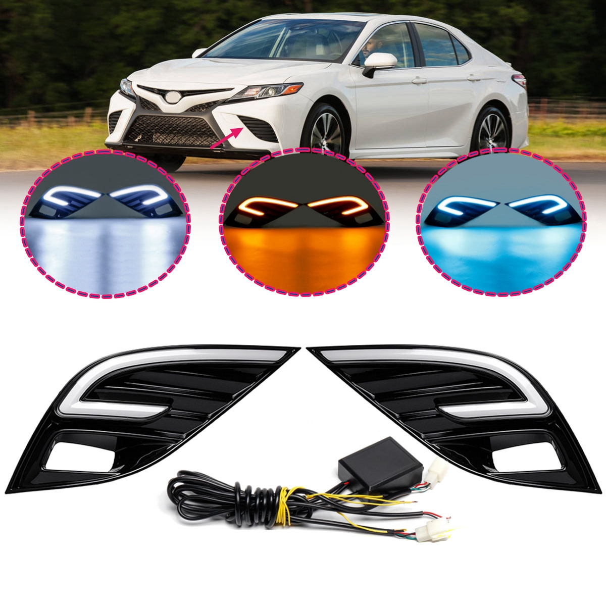 

LED Daytime Running Lights DRL Turn Signal Lamps Three Colors Pair for Toyota Camry SE XSE 2018