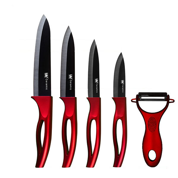 

XYJ Kitchen 5 Pieces Ceramic Knife Set Red Hollow Handle Black Knife Multi-functional Peeler Ceramic Knives