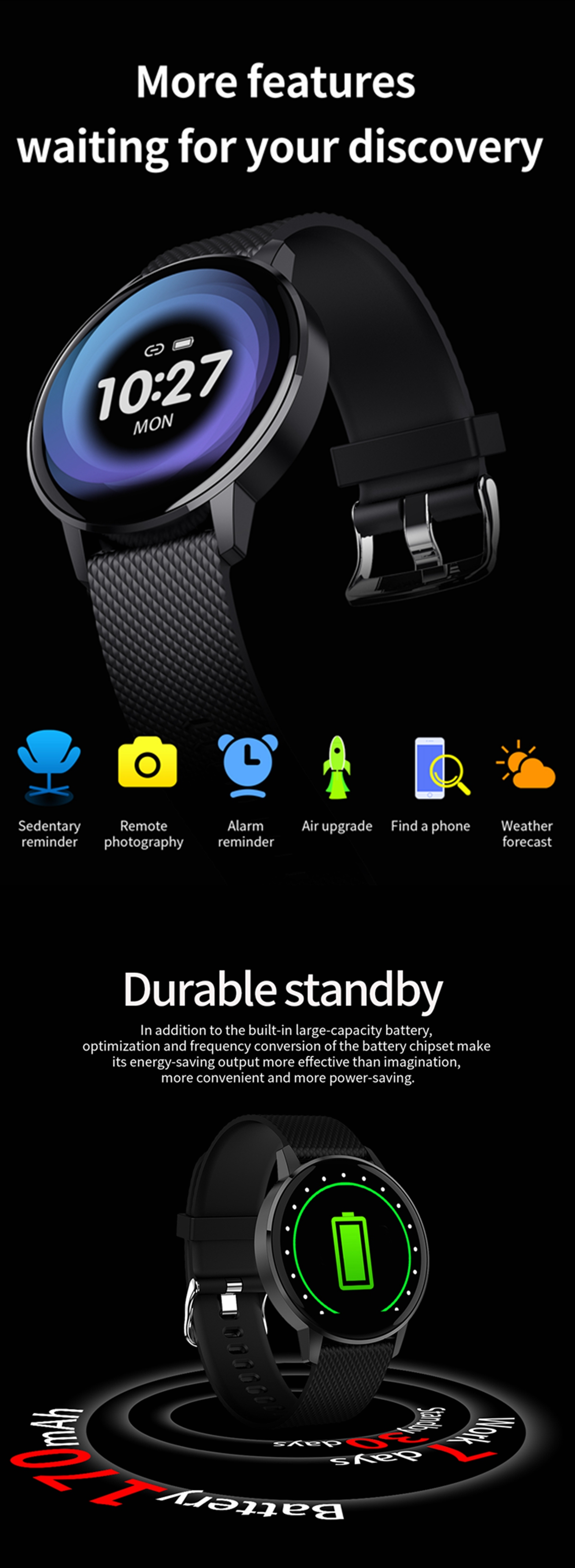 Bakeey T4 1.22' Ultra-thin Touch Screen IP68 Blood Pressure Sleep Monitor bluetooth Music Smart Watch 