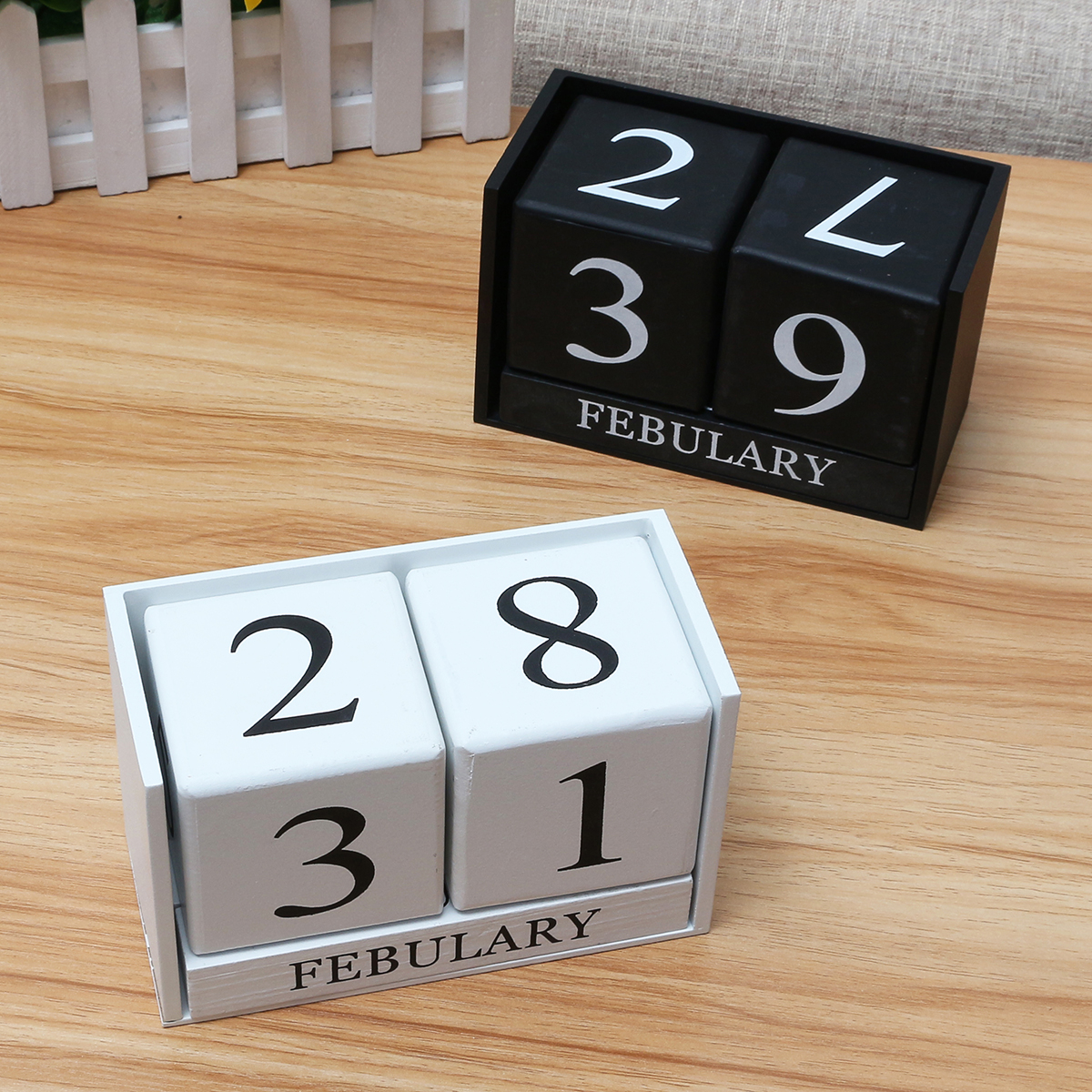 PopHMN Wooden Perpetual Calendar Block White Western Style Tabletop Calendar for Desk Accessory Home Office Decoration