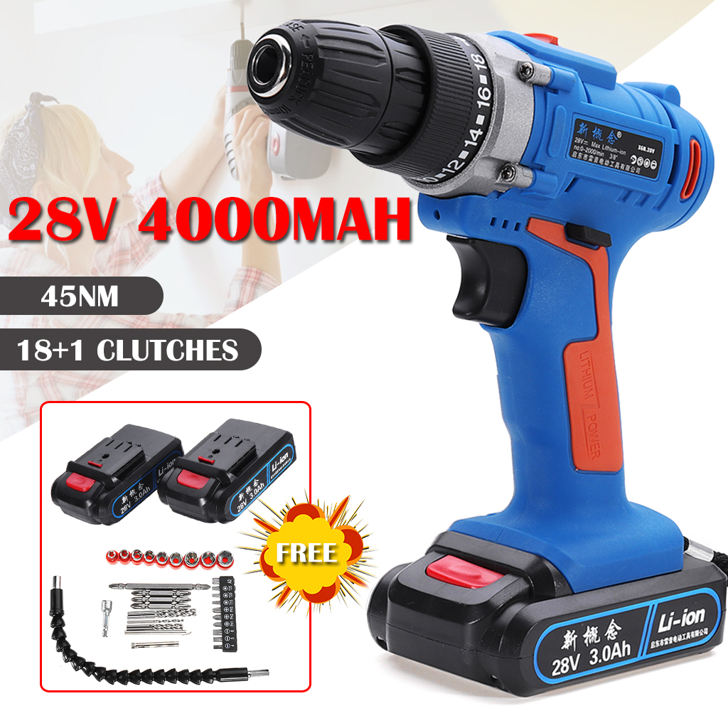28V 18+1 Gear 2 Speed Electric Screwdriver Cordless Power Drills Driver Tools With Batteries Accessories
