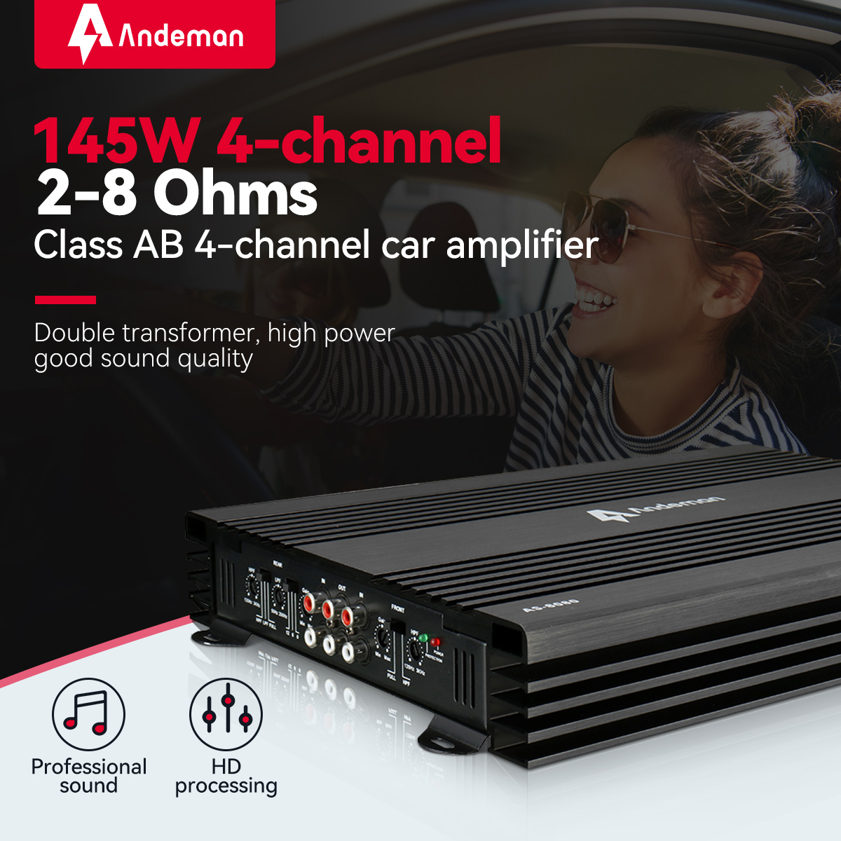 Andeman AS-8080 145W Car Amplifier 2-8 Ohms Class AB 4 Channel Mini HIFI Digital bluetooth Audio