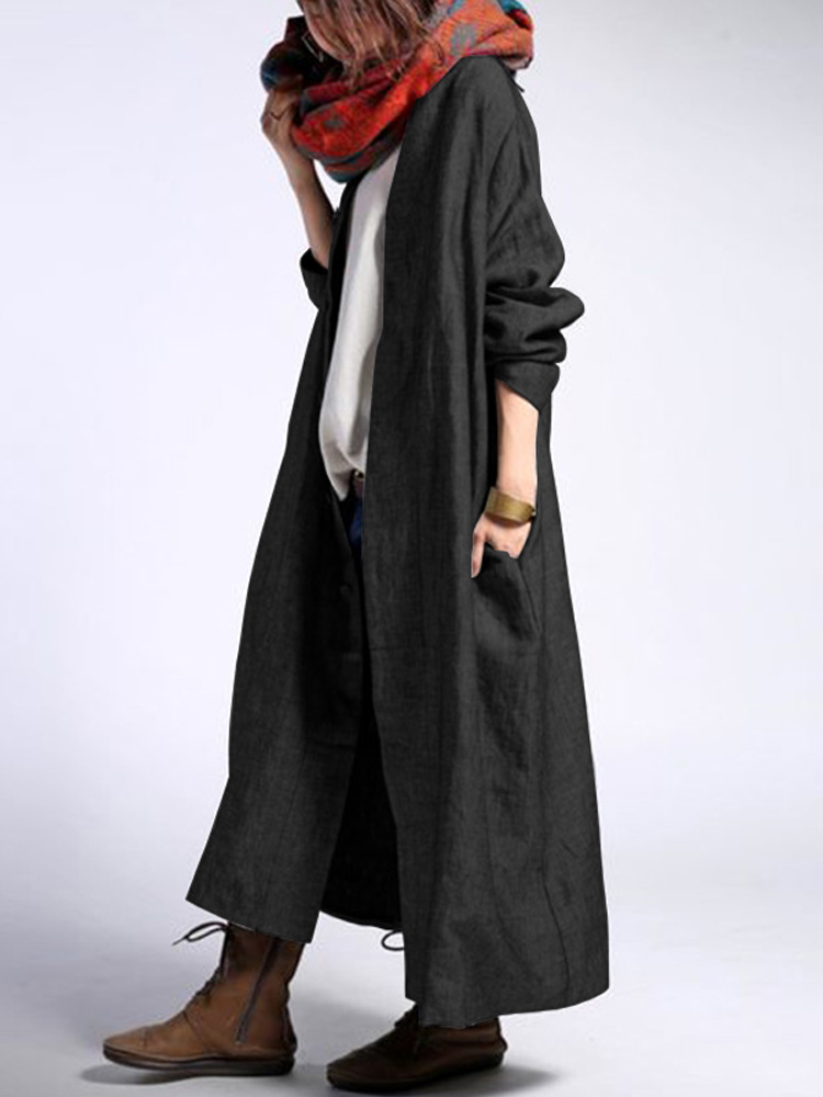 Women Long Sleeve Button Front Open Solid Color Cardigan Maxi Coats