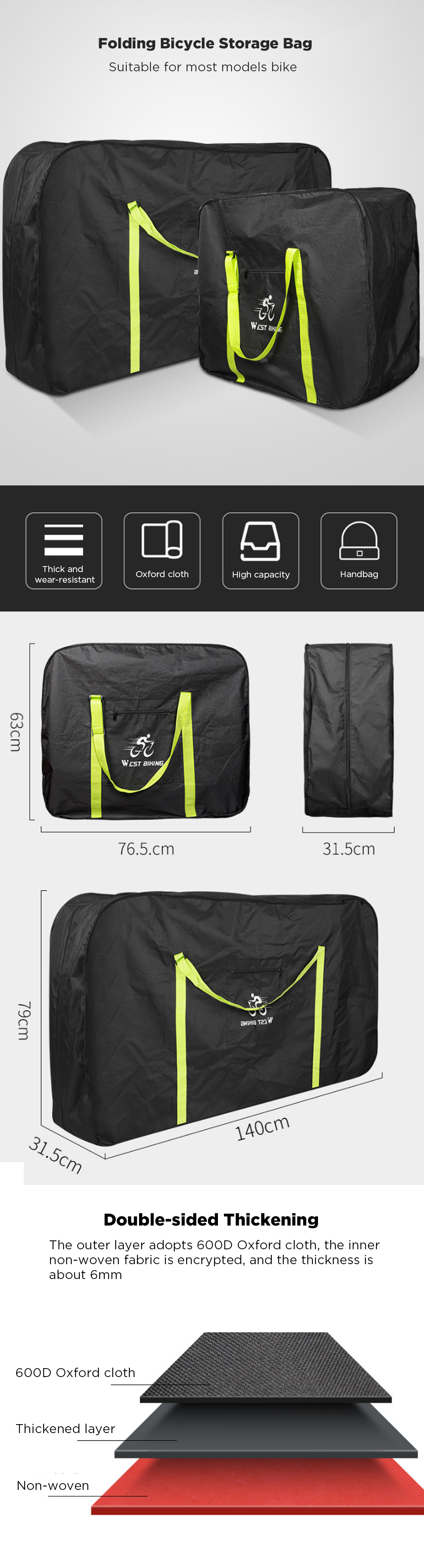 WEST BIKING 20/27.5inch Folding Bike Storage Bag 600D Oxford Cloth Waterproof Bike Handbag Cycling Hiking