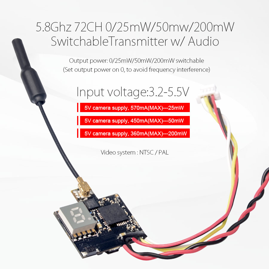 Eachine ATX03 Mini 5.8G 72CH 0/25mW/50mw/200mW Switchable FPV Transmitter w/ Audio for RC Drone - Photo: 5