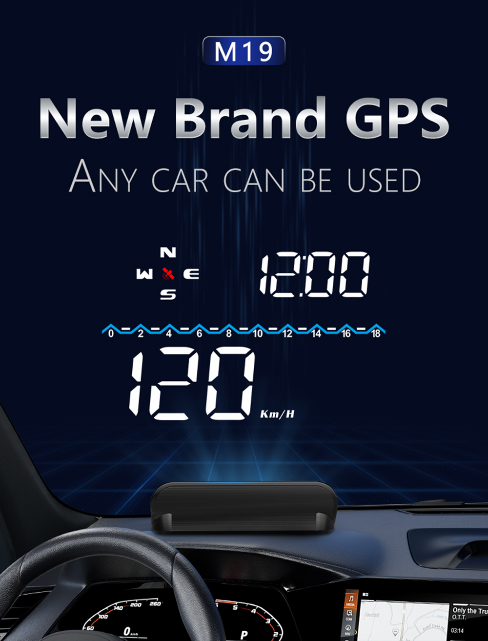 M19 GPS HUD Auto Speedometer Car Head Up Display Time Driving Distance RPM Tips Electronic Accessories Fits All Cars