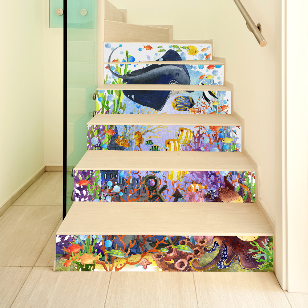 

Miico 6Pcs / set Творческий мультфильм Blue Подводная лестница Стикер Домашний декор Mural Art Съемные наклейки на стене