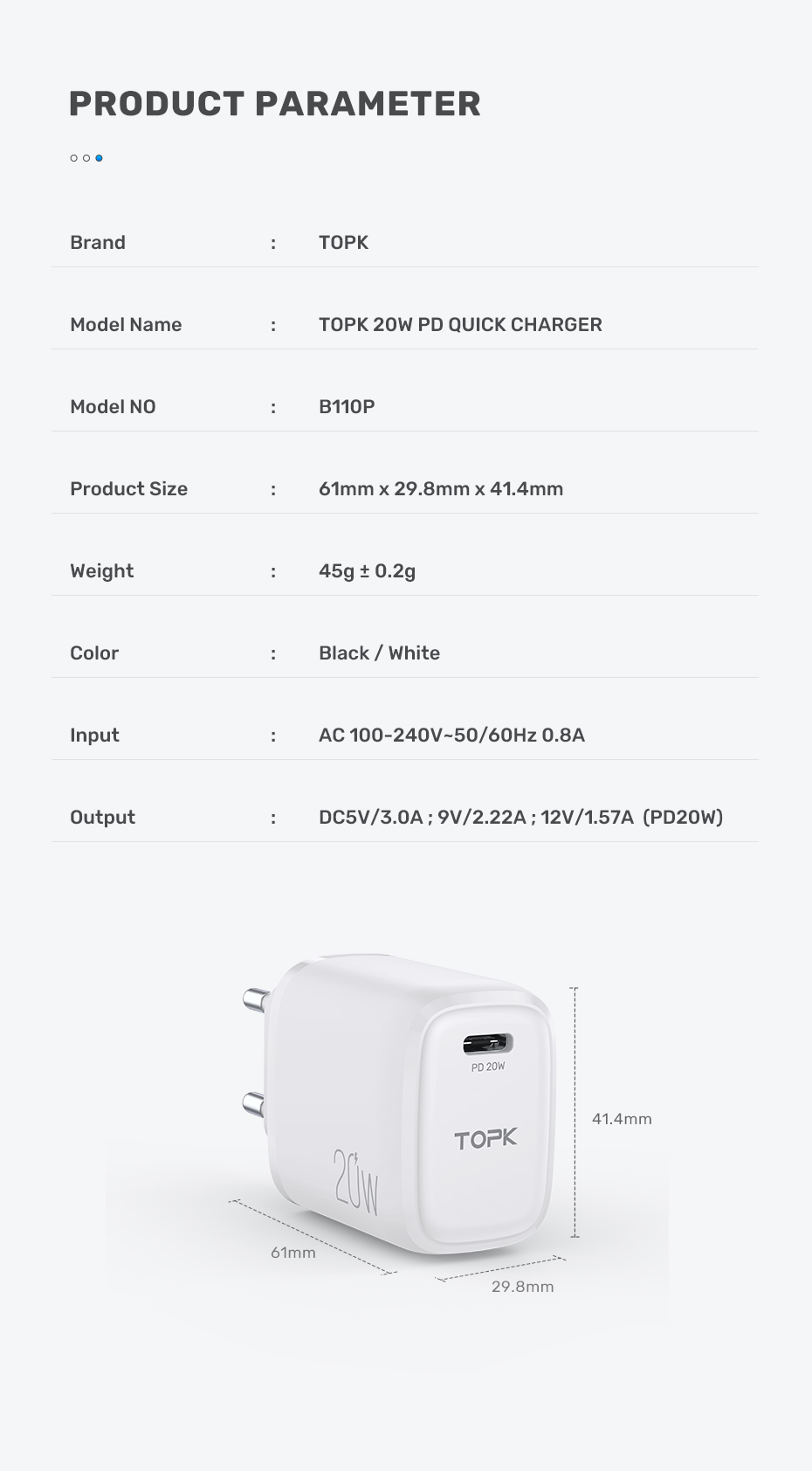TOPK B110P USB-C PD 20W Wall Fast Charging Charger for iPhone 12 12 Pro Max for Samsung Galaxy S10+ Ulefone Armor 10 5G