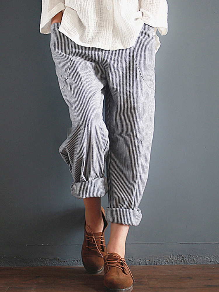 S-5XL Casual Stripe Pocket Elastic Waist Women Harem Trousers