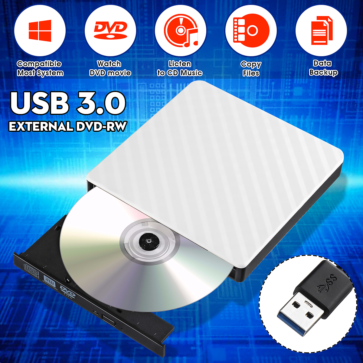 External USB 3.0 DVD RW CD Writer Slim Carbon Grain Drive Burner Reader Player For PC Laptop Optical Drive