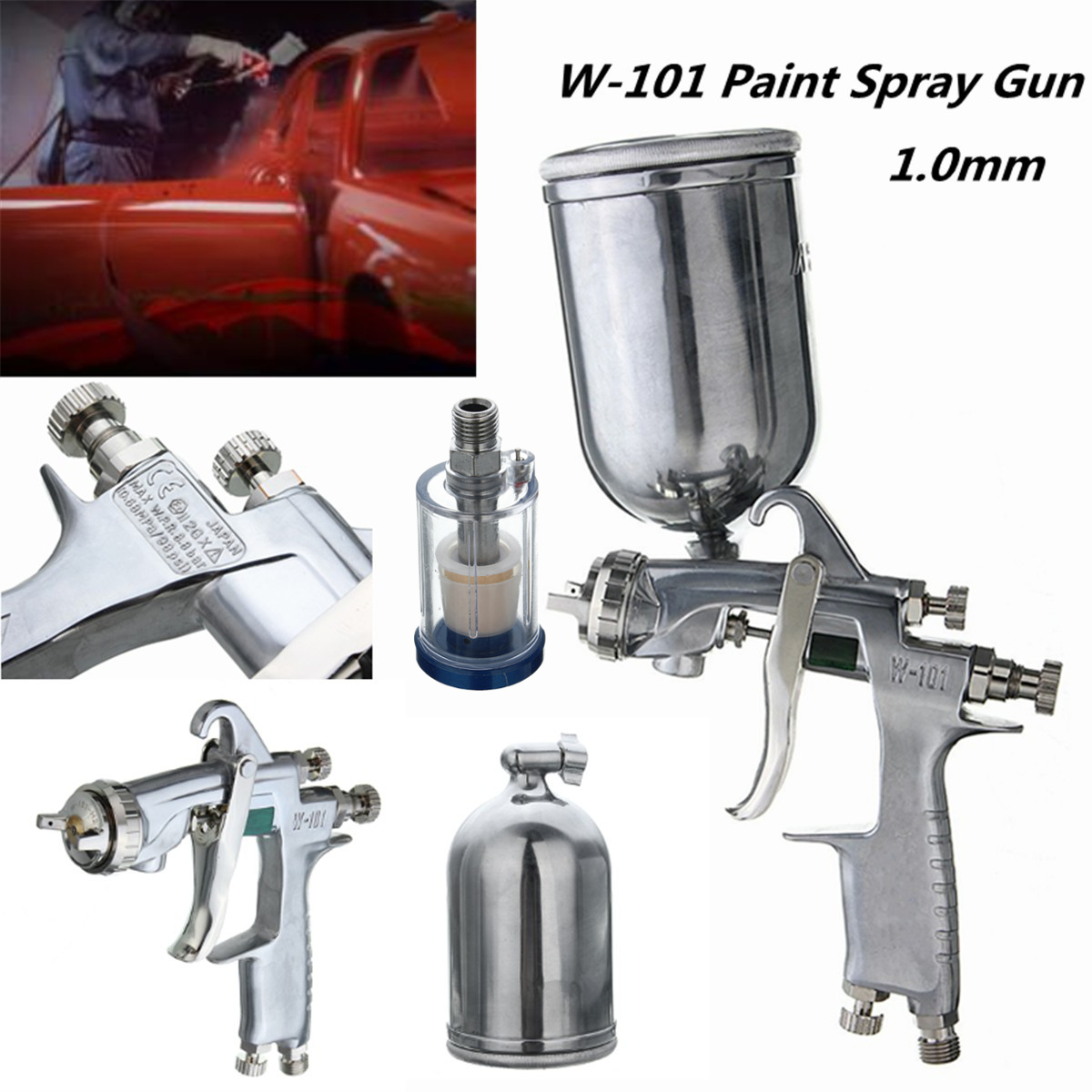

W101 HVLP 1.0mm Tip Paint Spray Gun Gravity Feed Base Coat Sprayer with Filter