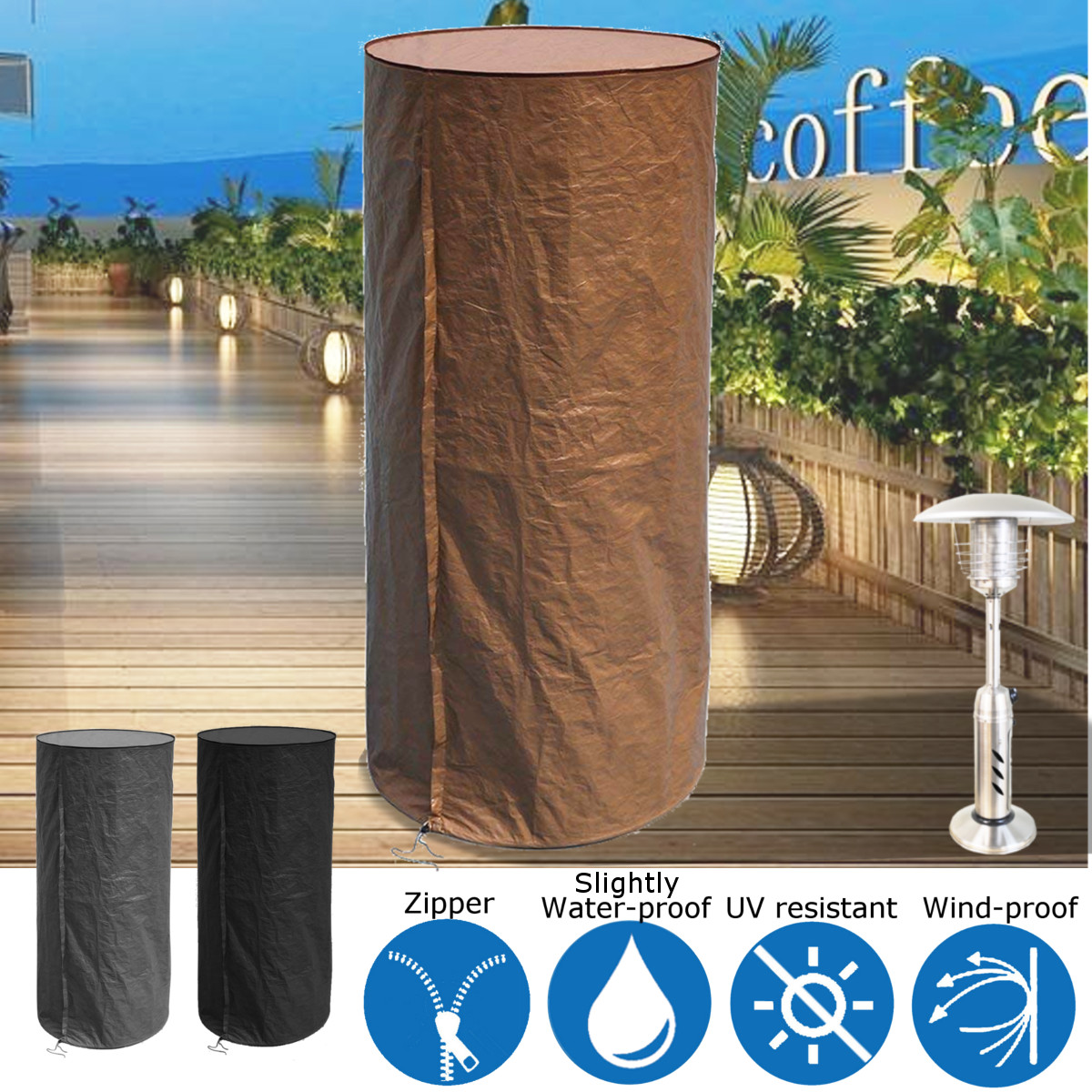 Cylidrical Cover Patio Gas Heater Polyethylene Zipper Protector Waterproof 90x190cm