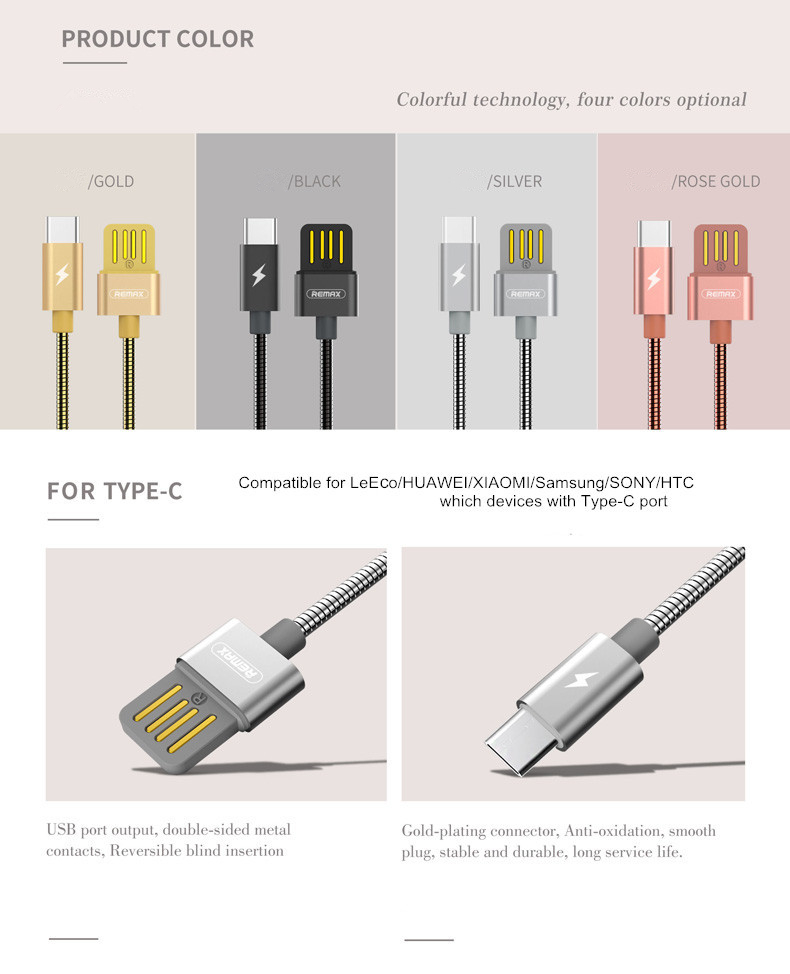 Remax RC-080a 2.1A Metal USB Type-C Fast Charging Data Cable For Samsung S8 Xiaomi 6 HUAWEI M9 