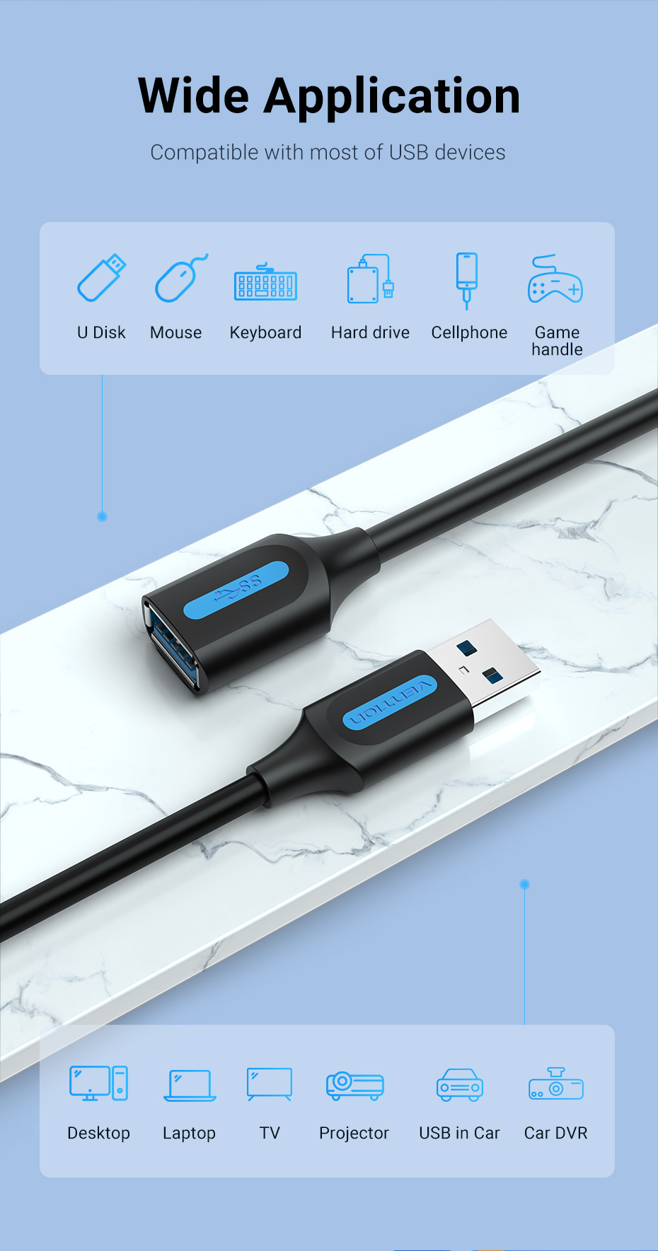 Vention USB 3.0 Extension Cable USB 3.0 Male to Female Extender Data Cord for PC Smart TV for PS4 SSD