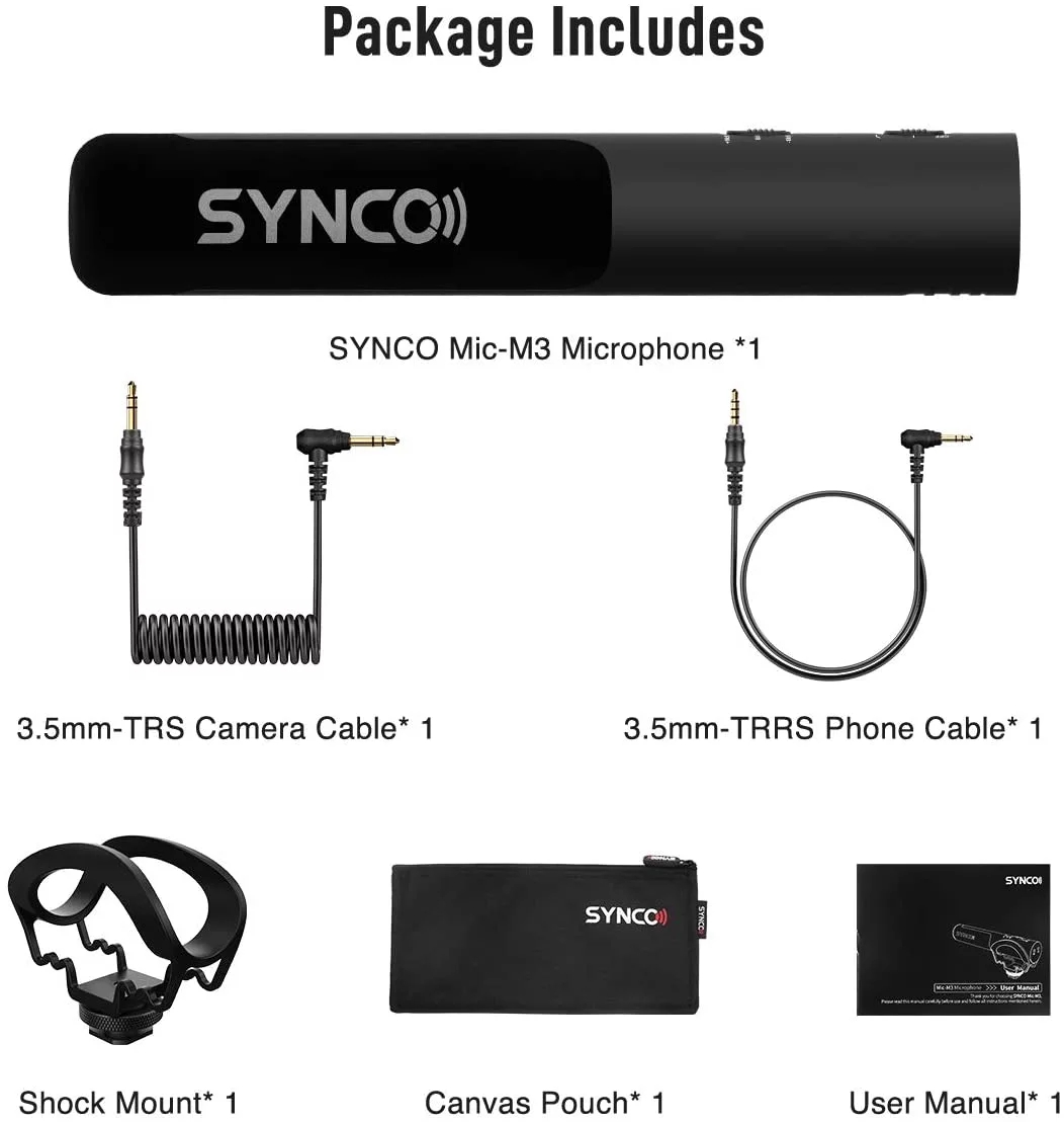 SYNCO Mic-M3 no microfone da câmera Microfone de vídeo condensador supercardióide com cabos TRRS TRS de 3,5 mm para câmera DSLR de smartphone