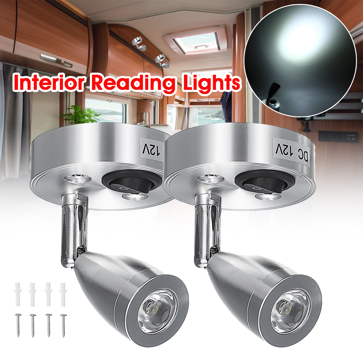 12V LED Interior Reading White Lights With Switch For Campervan Caravan Boat