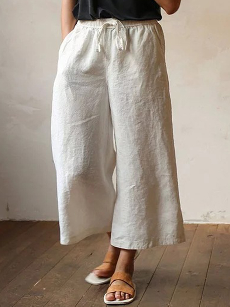Women High Elastic Waist Cotton Wide Leg Pants