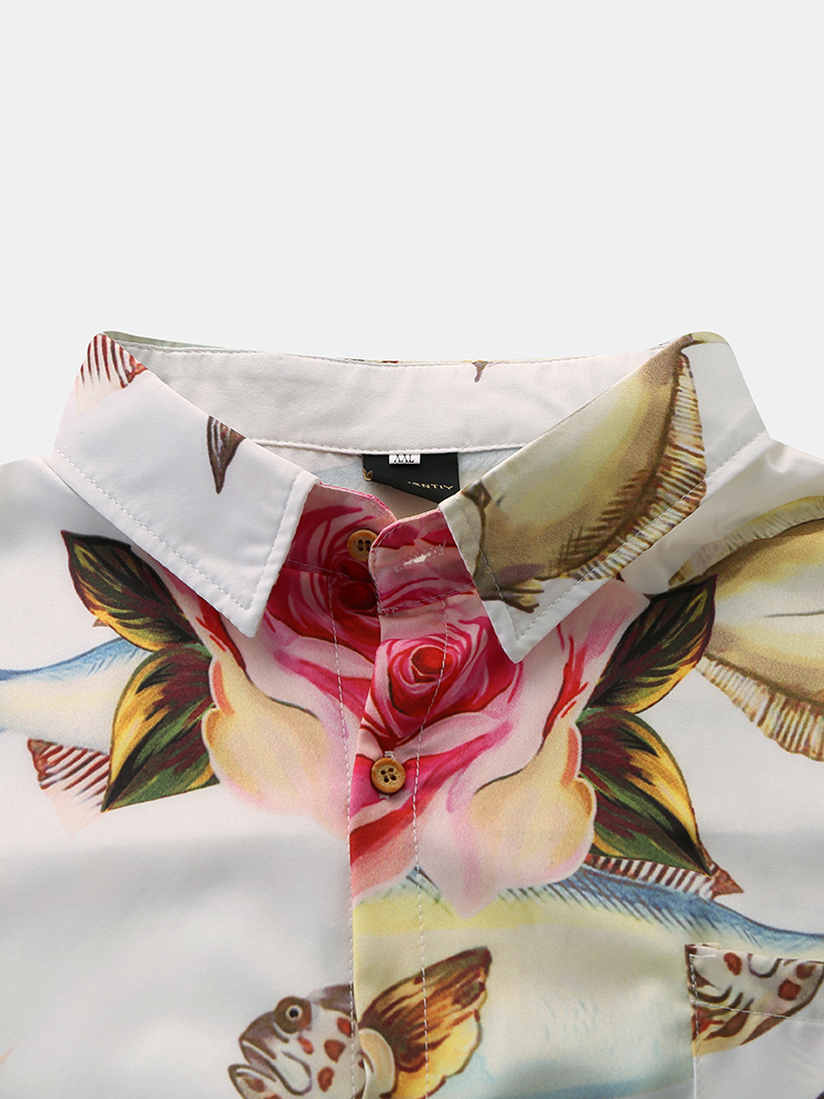 Men Women Fashion Fish Printing Breathable Short Sleeve Casual Shirts