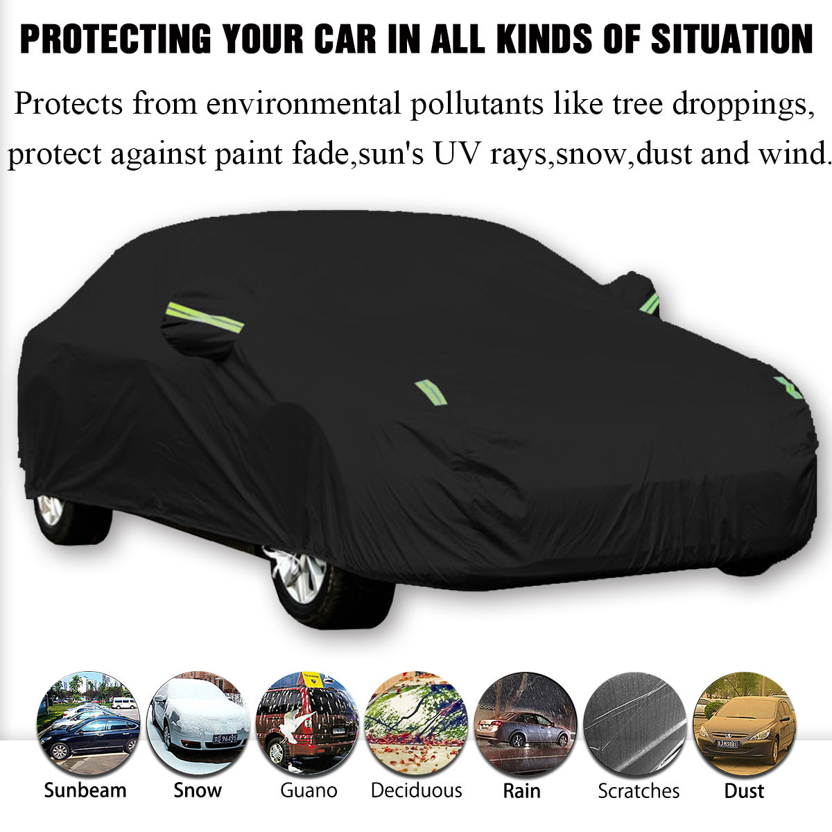 Black Full Car Cover Waterproof Sun Rain Heat Dust UV Resistant Protection 190T