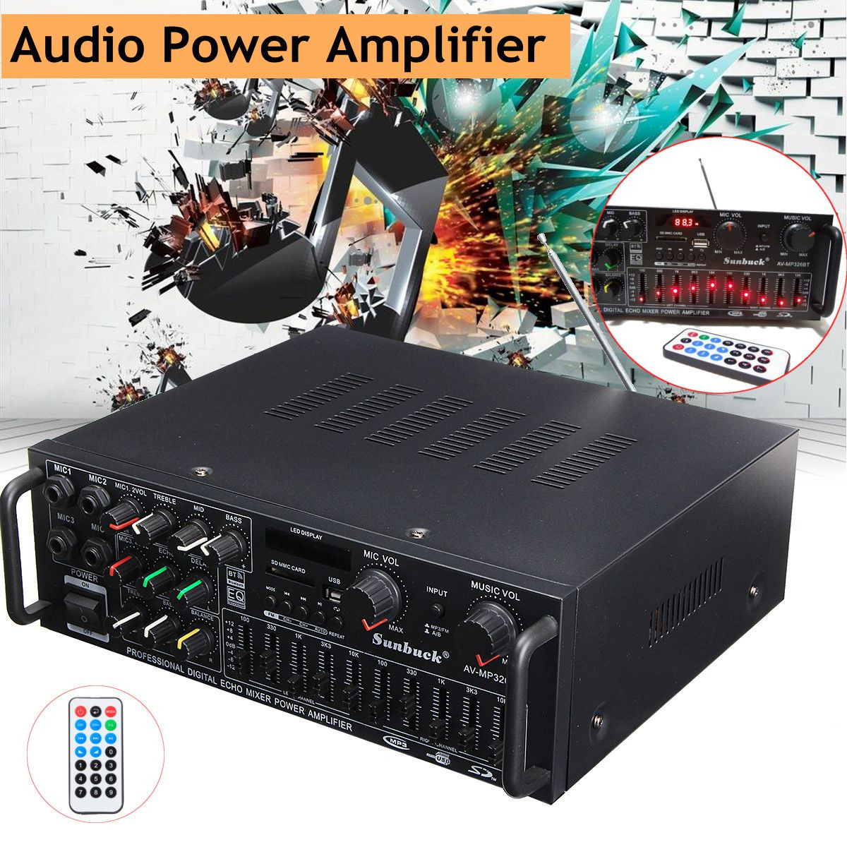 Sunbuck bluetooth Stereo Amplifier 2 Channel HiFi Audio Power Amplifier Remote Control USB SD FM 220V EU Plug