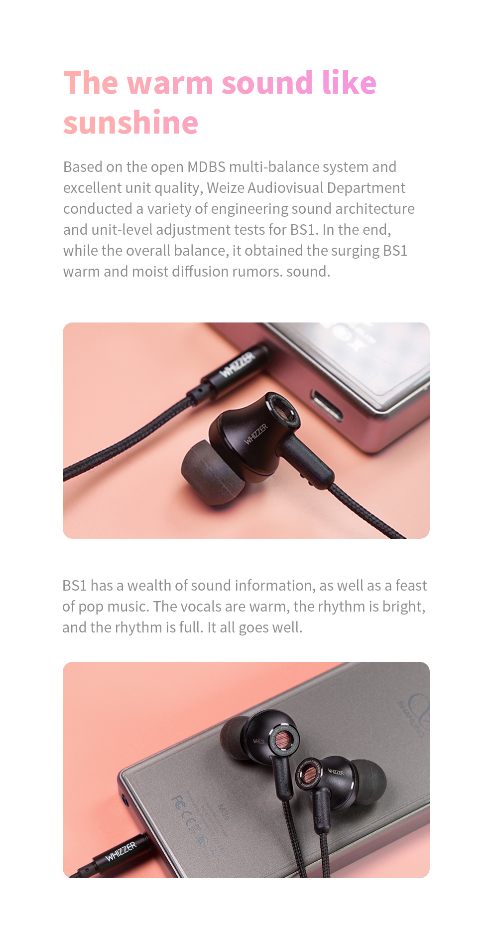 Whizzer BS1 Dynamic In-Ear Earphones 13.6mm Large Driver HiFi Stereo Earphone Headphones with Detachable Cable