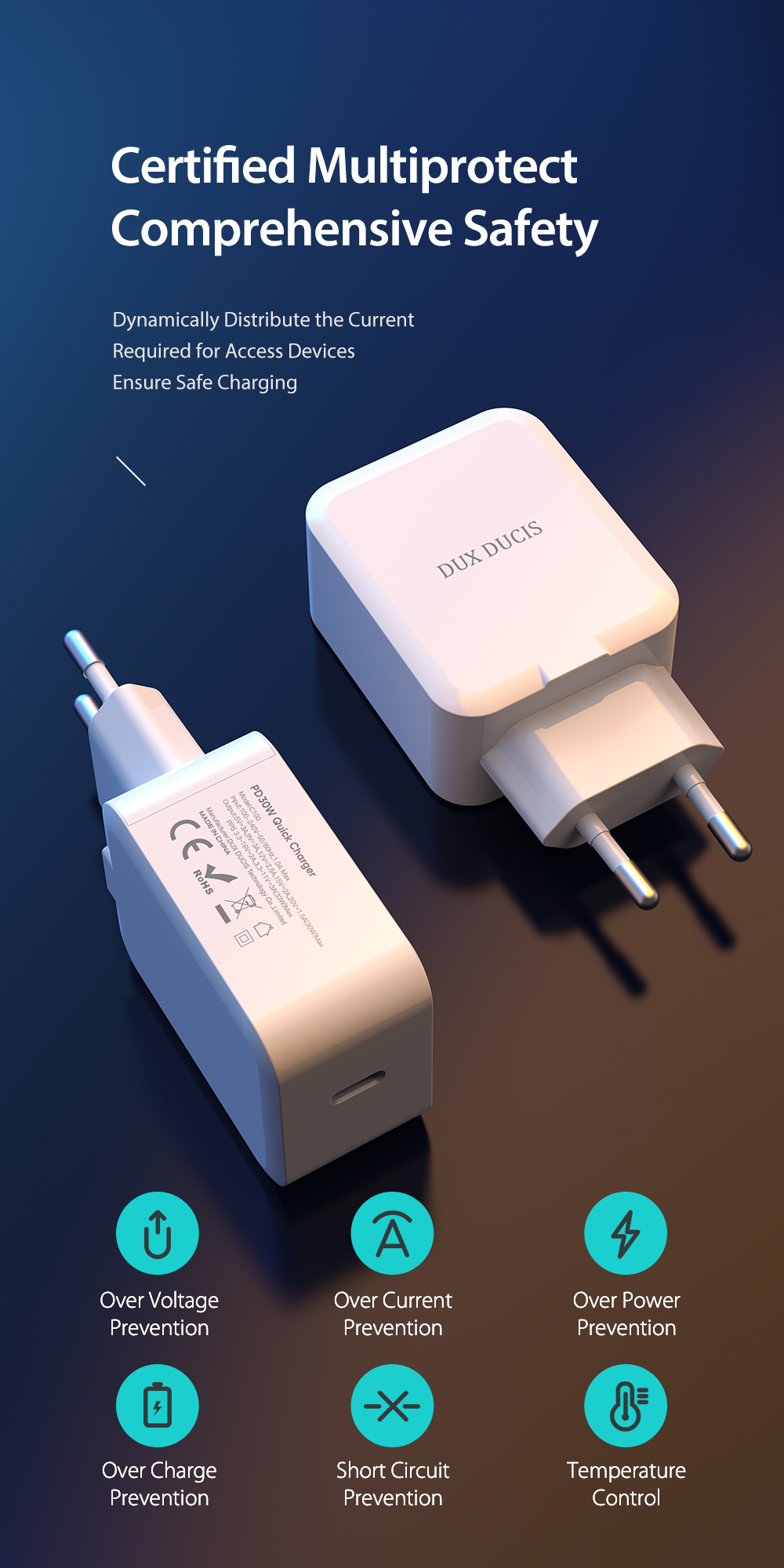 DUX DUCIS C100-PD 30W USB PD Charger PPS PD3.0 QC3.0 FCP SCP Fast Charging Wall Charger Adapter EU Plug For iPhone 13 Pro 13 Mini For Samsung Galaxy S21 5G Note 20 For iPad Pro 2020 For MacBook Air M1 2020