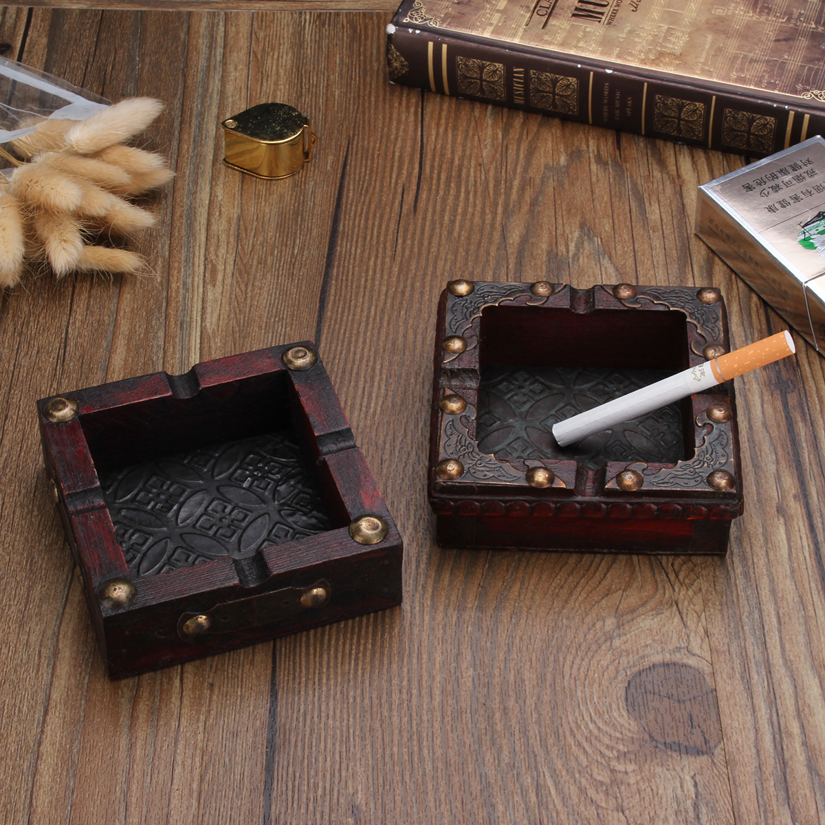 

Vintage Wooden Trinket Ashtray Handcraft Inlaid Smoke Cigarette Case