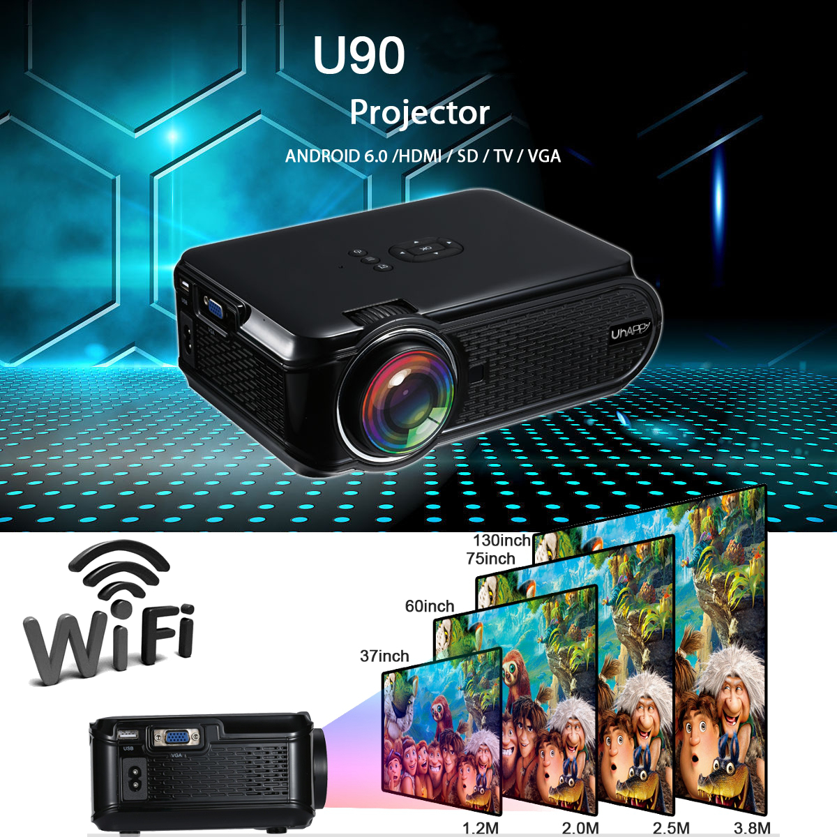 UHAPPY U90 Black Android 6.0 2000 Lumens LED WiFi bluetooth 4.0 Projector 800 x 480 Support 1080p 10