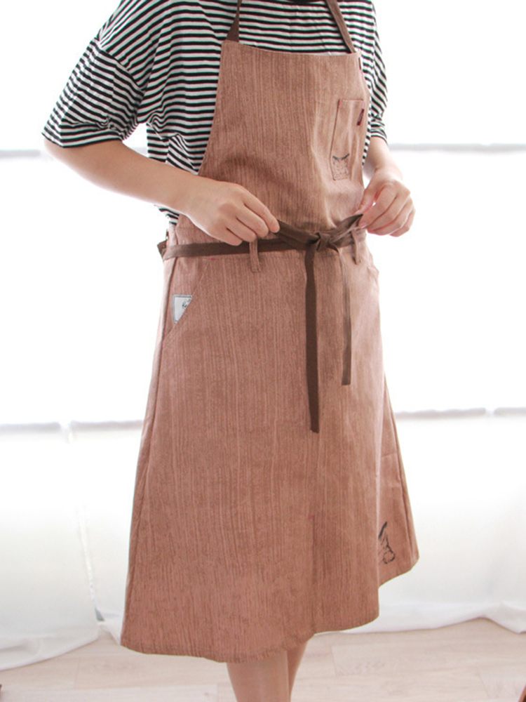 Japanese Women Cartoon Print Pockets Solid Apron Dress with Belt