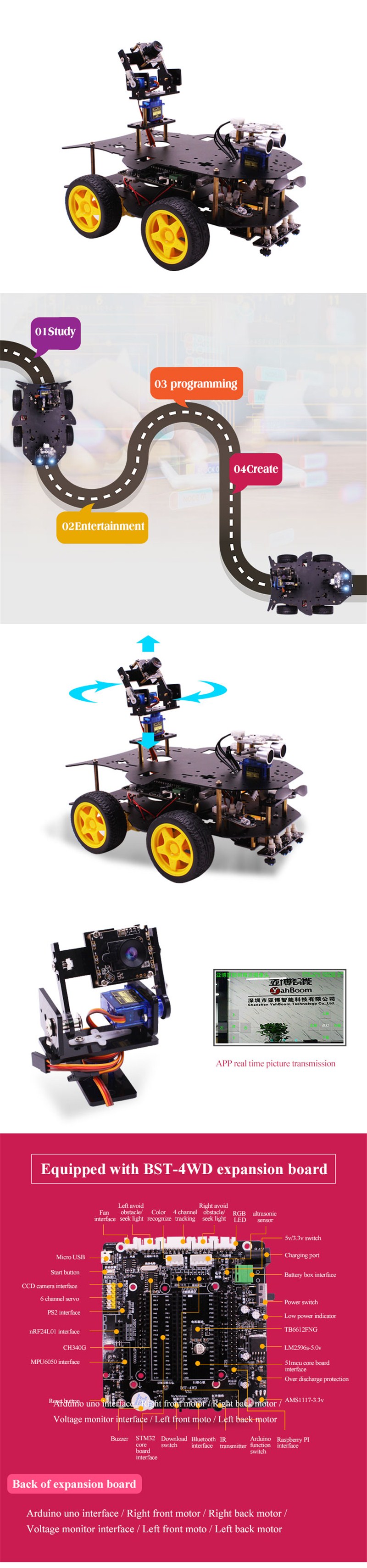 4WD Wireless WIFI Video Robot Car Kit for Raspberry Pi 3B/3B+ Support Programming/Bluetooth 4.0+Wifi/Remote Control with 2DOF Camera Pan/Tilt & 4P 103