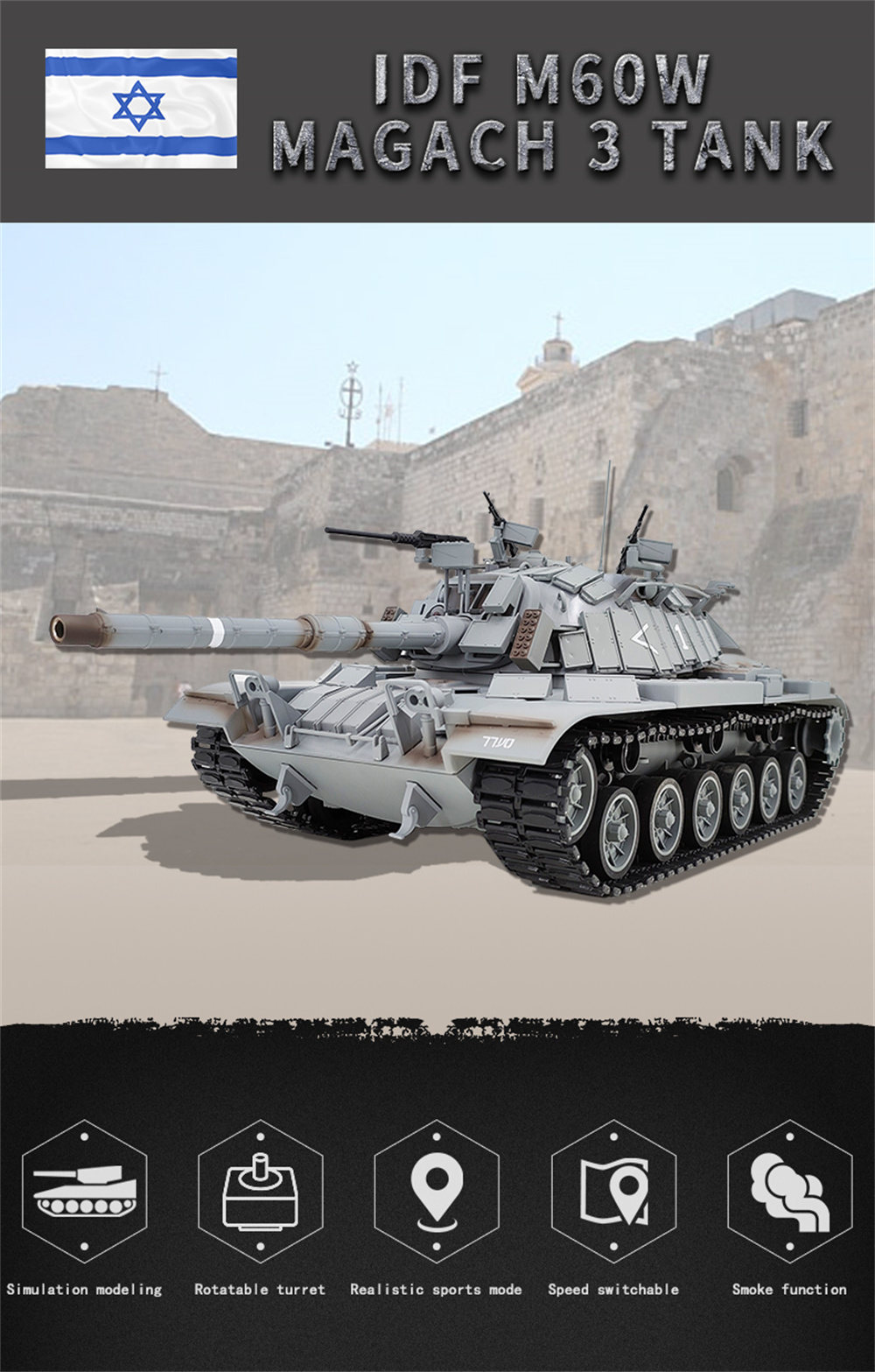 COOLBANK Model M60W Magach3 1/16 2.4G RC Main Battle Tank Patton Smoke Sound Recoil Shooting LED Light Simulated Vehicles Models RTR Toys