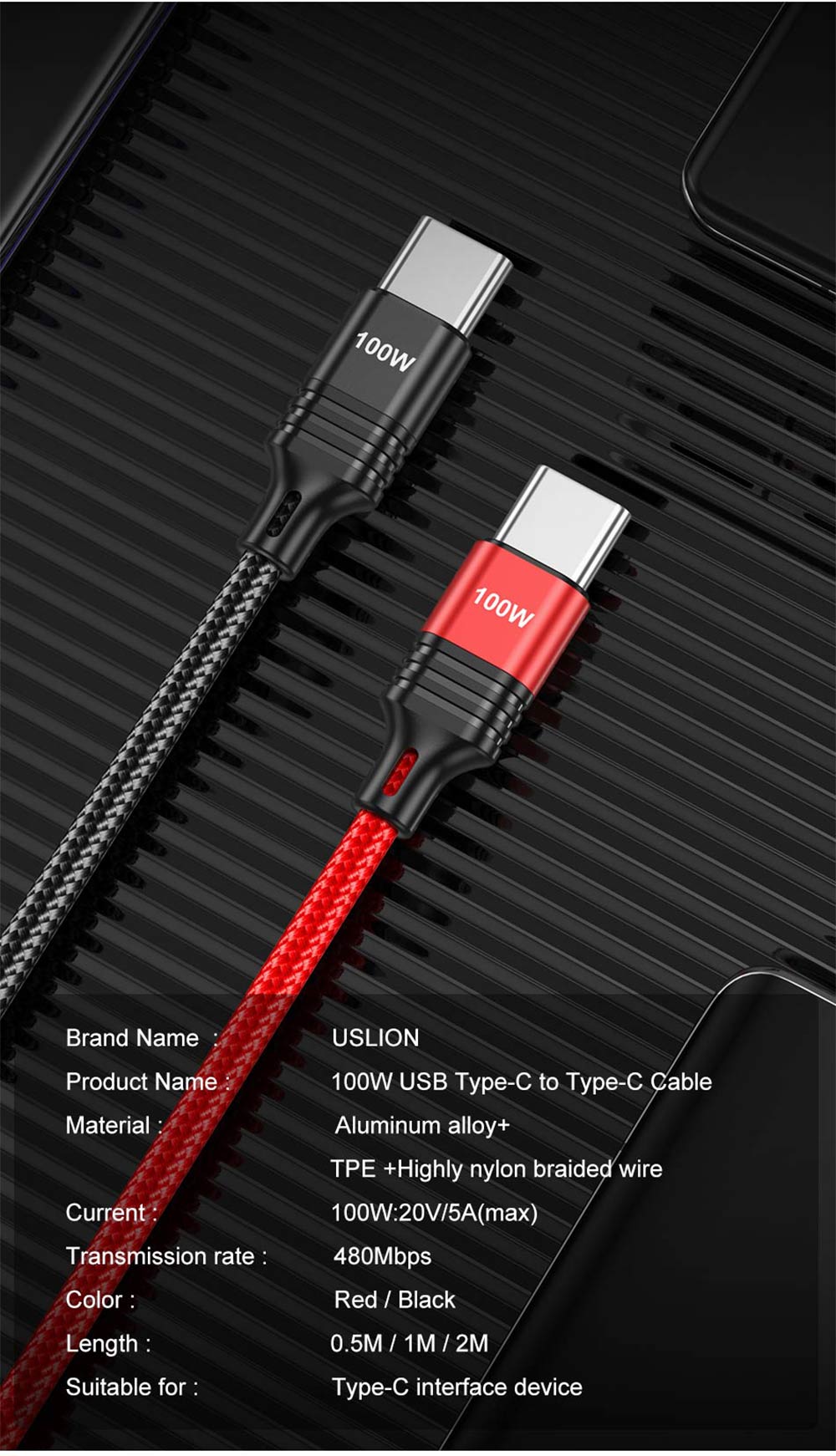 USLION PD100W Type-C to Type-C Cable QC4.0 Fast Charging Data Transmission Tinned Copper Core Line 0.5M/1M/2M Long for for Xiaomi Mi12 for Huawei Mate 50 for Samsung Galaxy Note 20 for OPPO Reno8