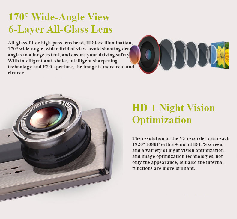 4 Inch 1080P Zinc Alloy Dash Cam IPS Color Screen Car DVR HD Night Vision Front & Rear Dual Lens Reversing Image