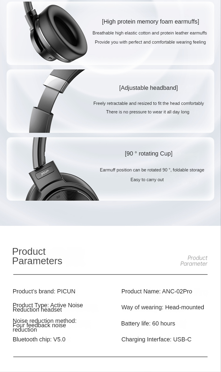 Picun ANC-02 Pro bluetooth Headset Wireless Headphone Dual ANC Deep Active Noise Cancelling 40mm Driver HI-RES Audio ENC HD Calls Portable Headphones with Mic