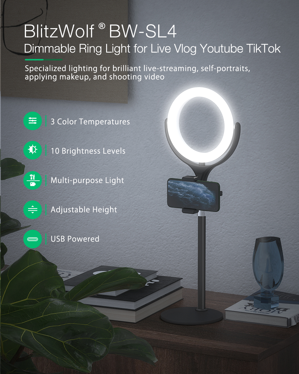 BlitzWolf® BW-SL4 Dimmable Ring Light Phone Holder 360º Rotating Night Light Desktop Selfie Stand with bluetooth Remote for Live Stream Selfie Makeup Video Live