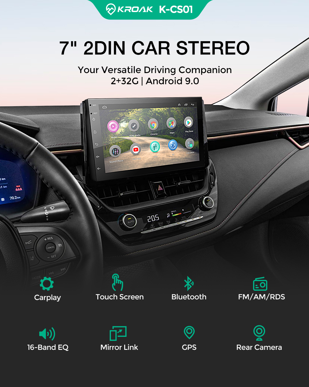 KROAK K-CS01 7 Inch 2 Din for Android 9.0 Car Stereo Carplay FM AM RDS Radio MP5 Player 2G+32G Android Auto GPS WIFI bluetooth with 12 LED Rear Camera