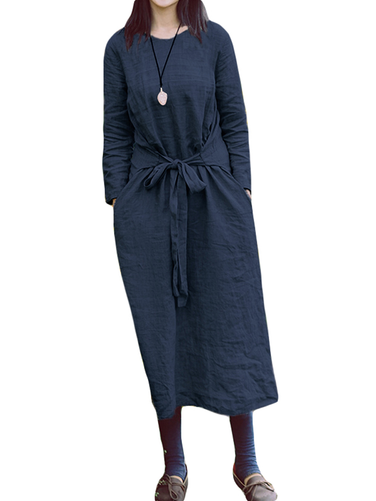 Women Vintage Round Neck Long Sleeve Belt Loose Maxi Dress