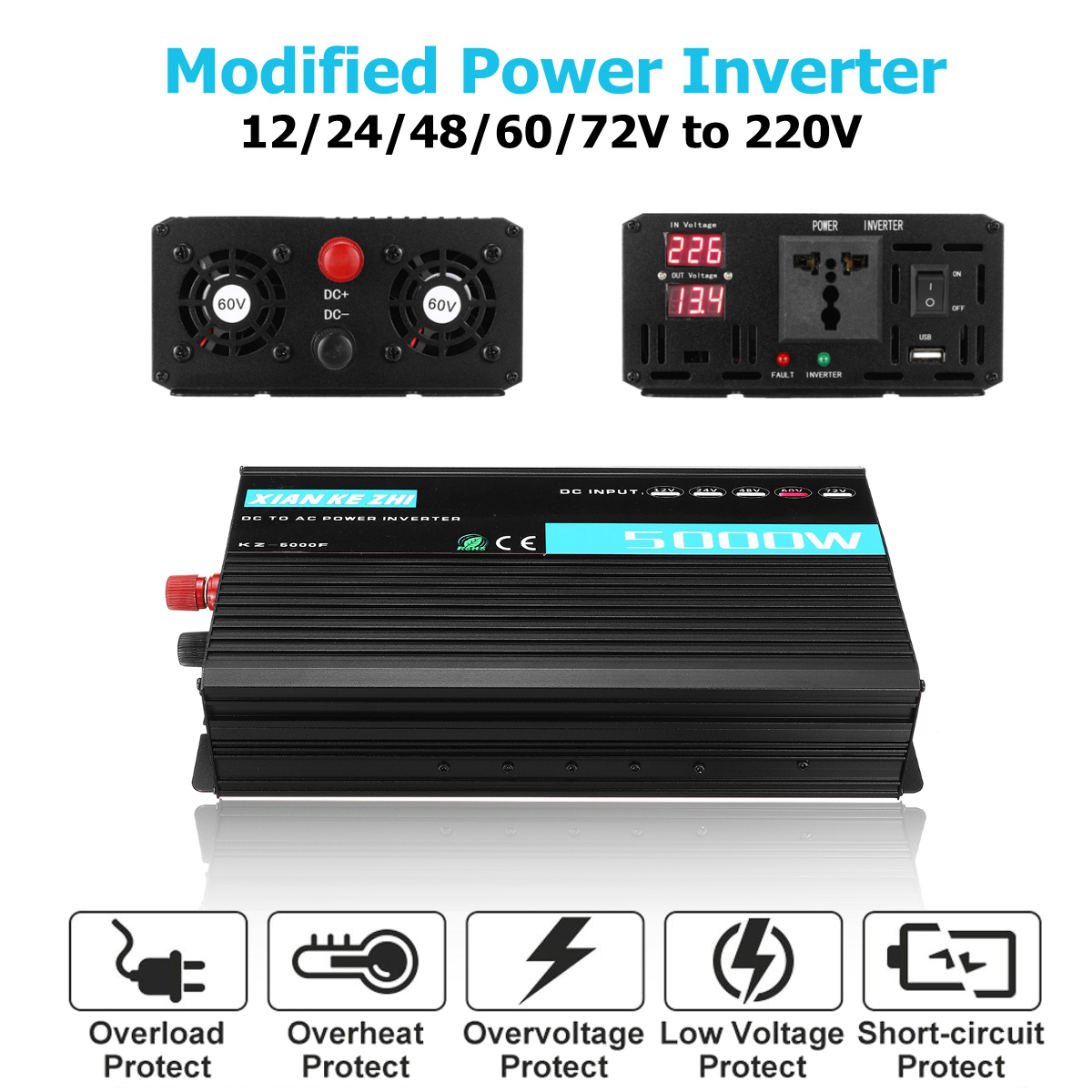 Dual Display Intelligent 5000W Modified Power Inverter 12/24/48/60/72V TO 220V LED Display Power Converter Multi Protaction