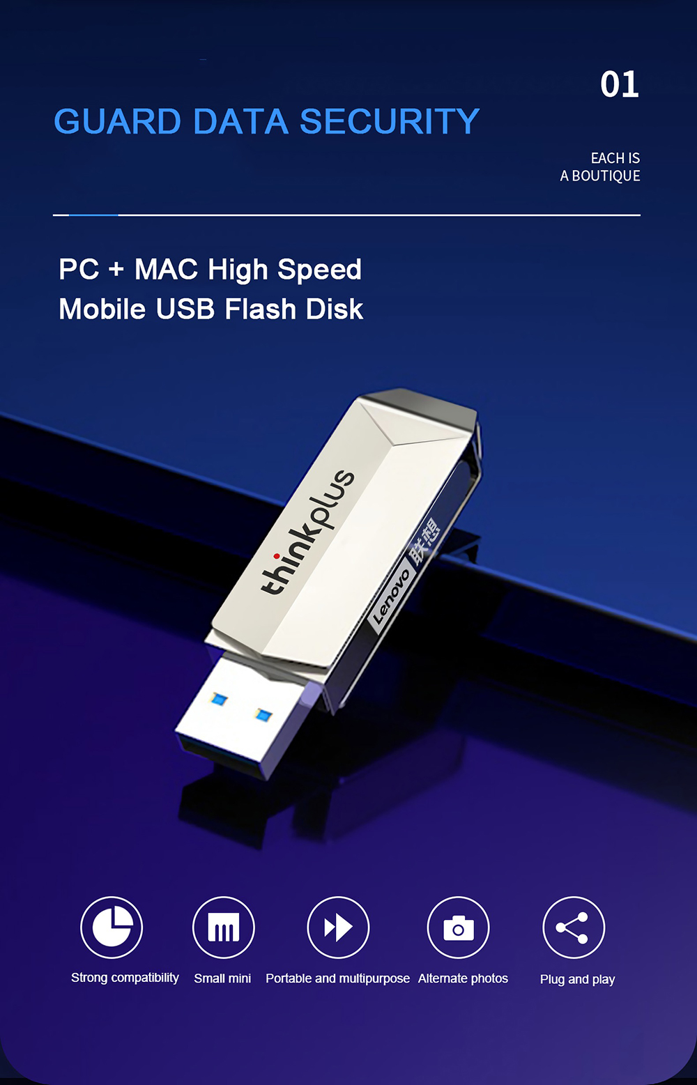 Lenovo ThinkPlus TPU301 USB3.0 Flash Drive Metal 360° Rotation Pendrive Flash Memory Disk 32G 64G 128G Thumb Drive