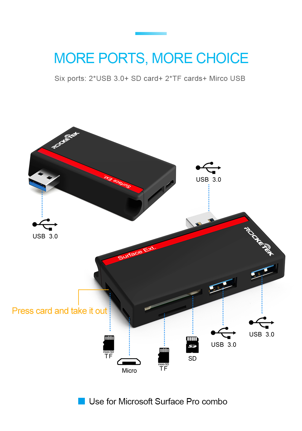 Rocketek SUR-U3 USB 3.0 to 2-Port USB 3.0 TF SD Card Reader Hub with Micro USB Power Port for Surface Pro 7