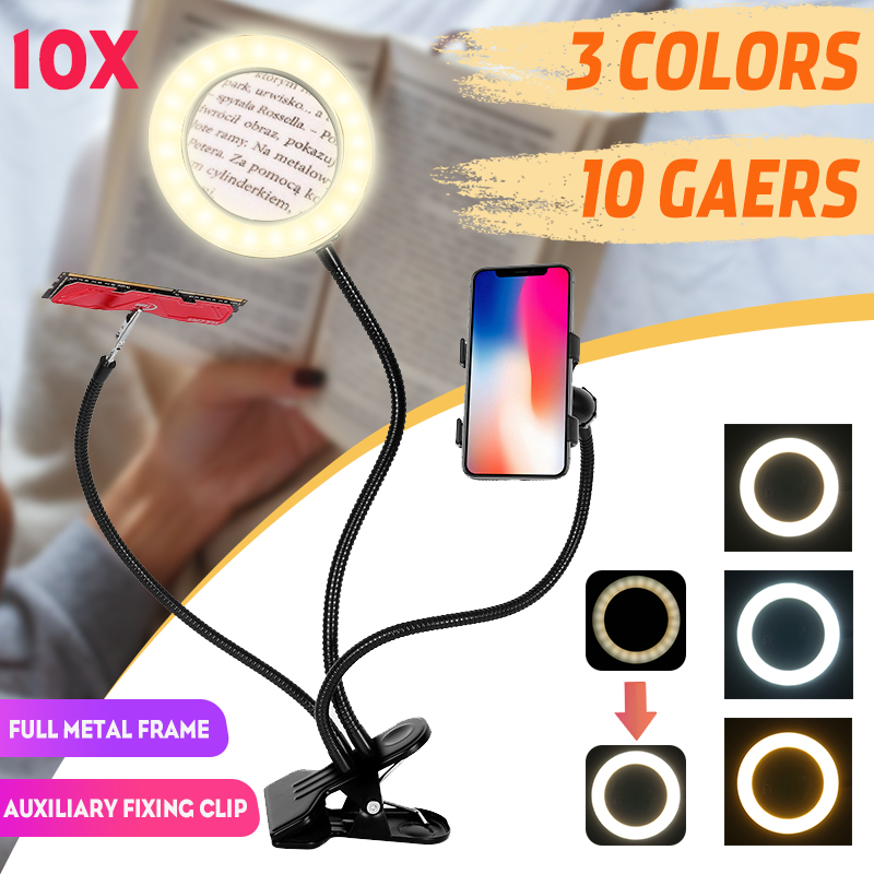 Flexible Arm Stepless Dimmable 3 Color Modes 10X LED Magnifying Lamp with Clamp