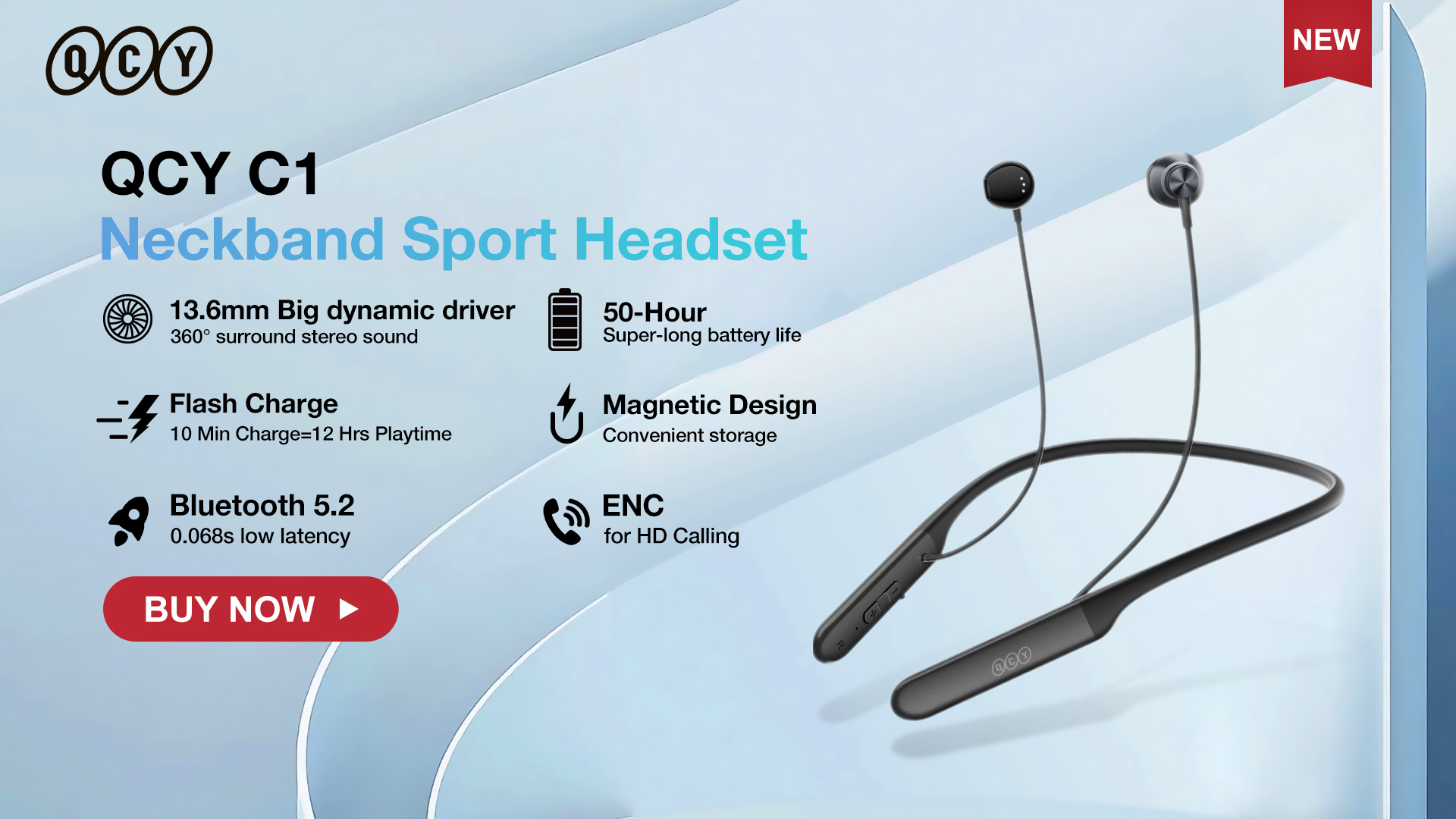 QCY C1 bluetooth 5.2 Earbuds Magnetic Sport Neckband Earphones 50H Long Standby 13.6MM Driver Stereo Headphones with Mic
