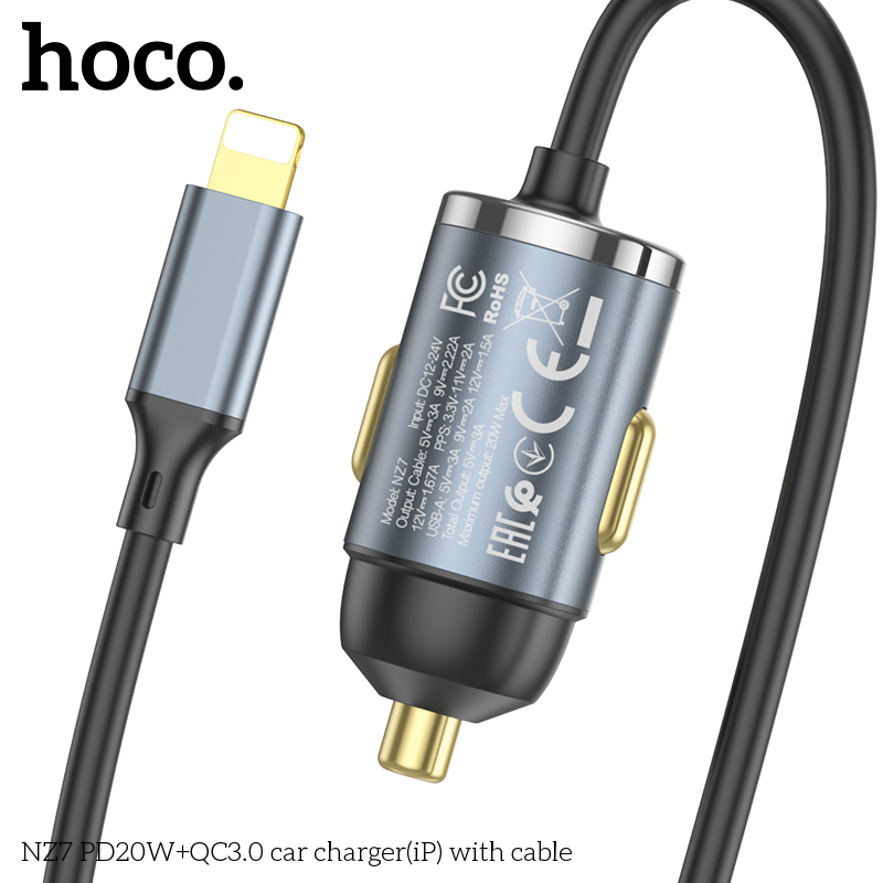 HOCO NZ7 PD 20W QC 3.0 18W Dual Output Fast Charging Car Charger with 1.2m iP Cable For iPhone 11 12 13 14 14 Plus 14 Pro Max For Samsung Galaxy S22 S22 Ultra Galaxy Z Flip 4 For Xiaomi Mi 12T Redmi Note 12 Huawei P50