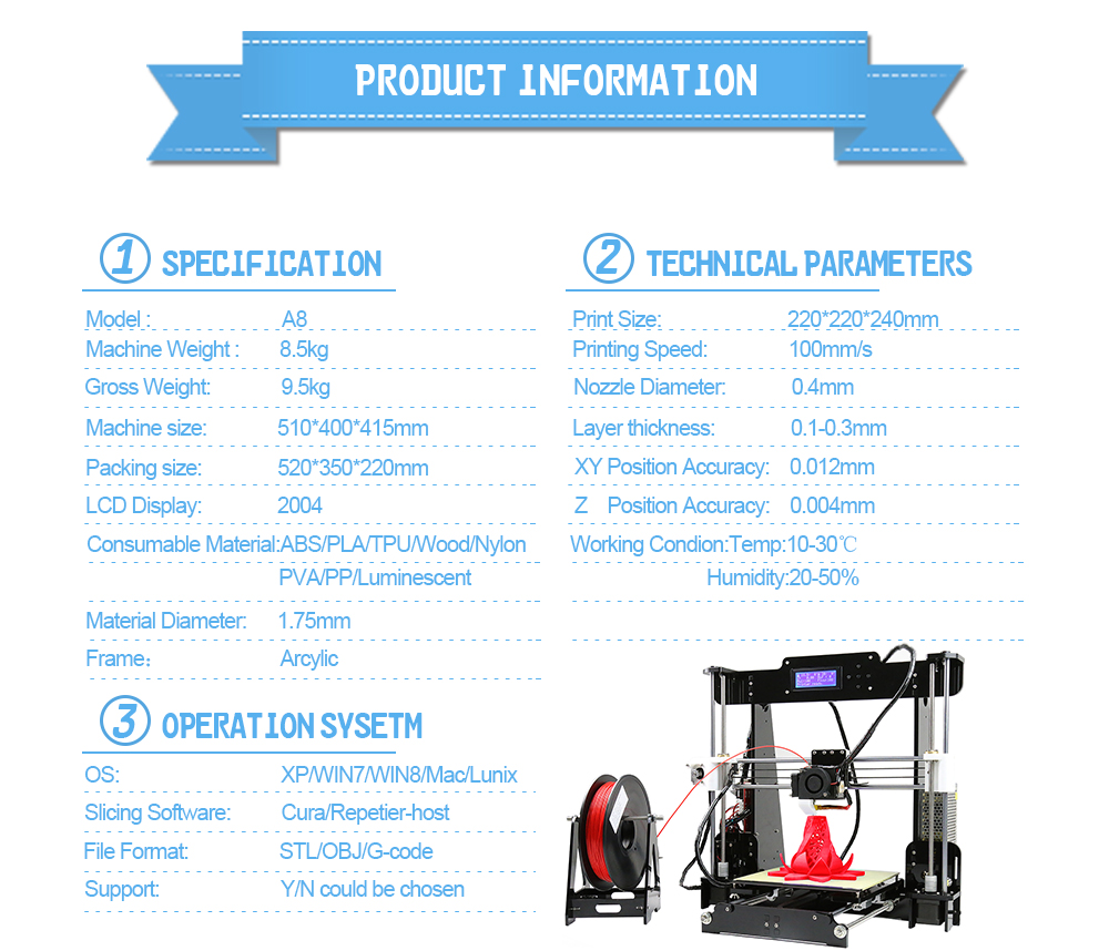 Anet® A8 DIY 3D Printer Kit 1.75mm / 0.4mm Support ABS / PLA / HIPS 13
