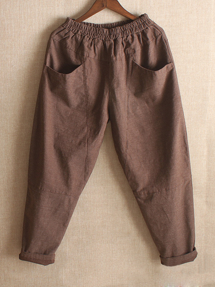 Vintage Women Elastic Waist Pockets Solid Color Harem Pants
