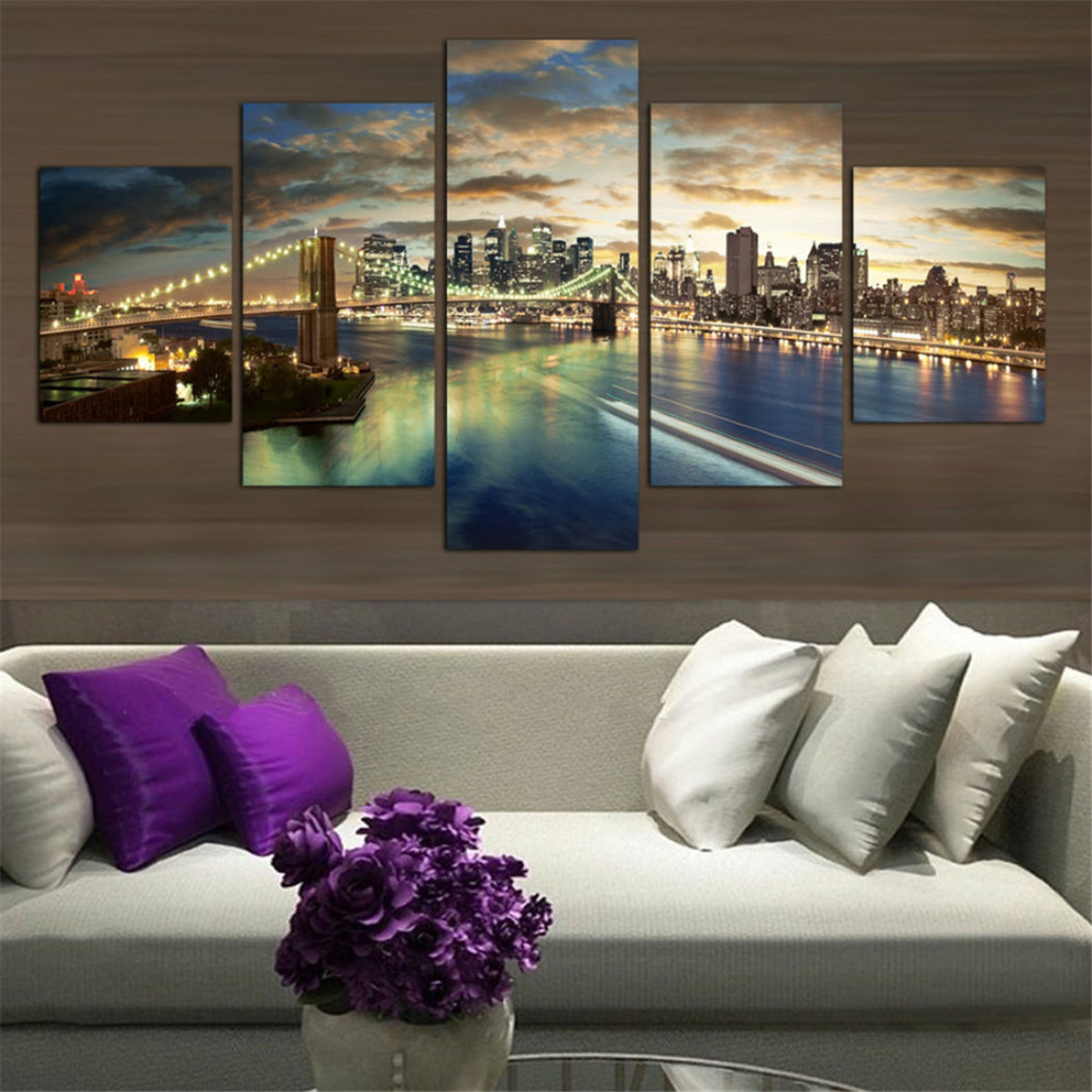 5 Pcs Wall Decorative Painting New York City at Night Wall Decor Art Pictures Canvas Prints Home Office Hotel Decorations