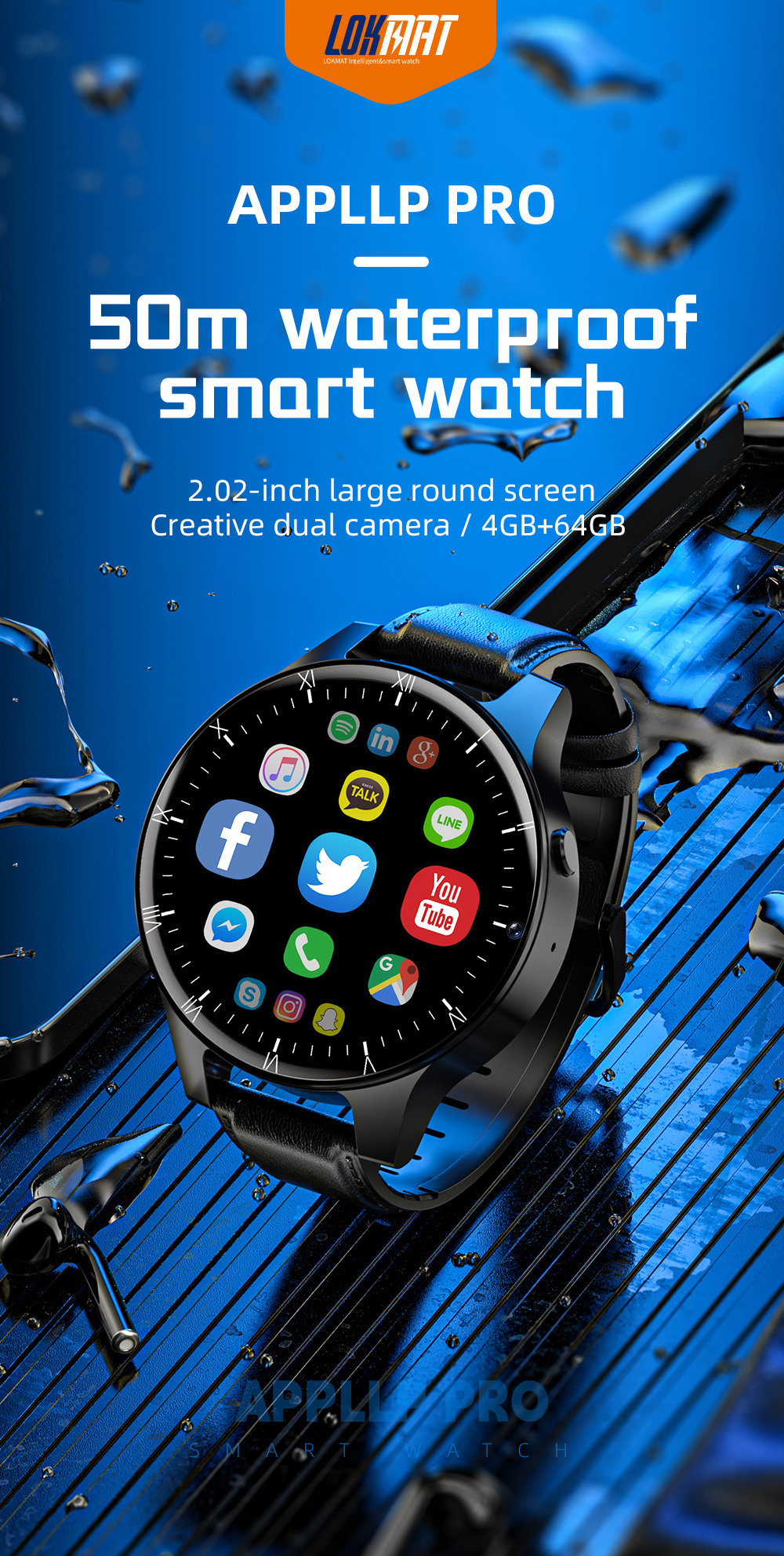 LOKMAT APPLLP Pro MTK6762 4GB 64GB Android 10.7 SIM Card WiFi Dual Cameras GPS 2.02 inch 400*400px Screen IP68 Waterproof Octa Core 4G Smart Watch Phone