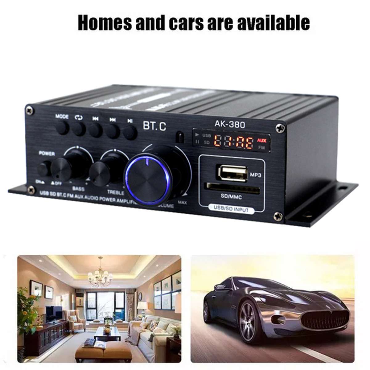 12V 40W+40W Ak380 bluetooth Car Home 12V/220V Power Amplifier HiFi Audio Stereo Amp